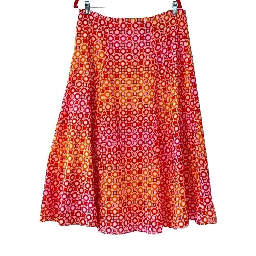 Lark Lane orange, white, & silver geometric print cotton panel twirl skirt 14